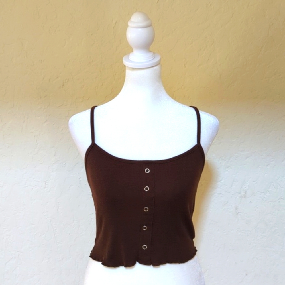 🌻 Ambiance Brown Cropped Ribbed Knit Lettuce Hem Camisole Size Medium